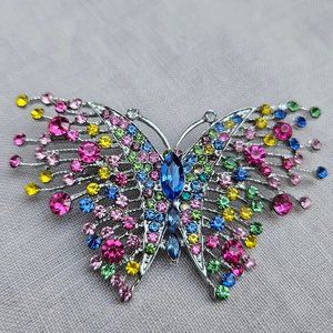 Pink, Blue, Yellow & Green Rhinestone Butterfly Brooch/Pin